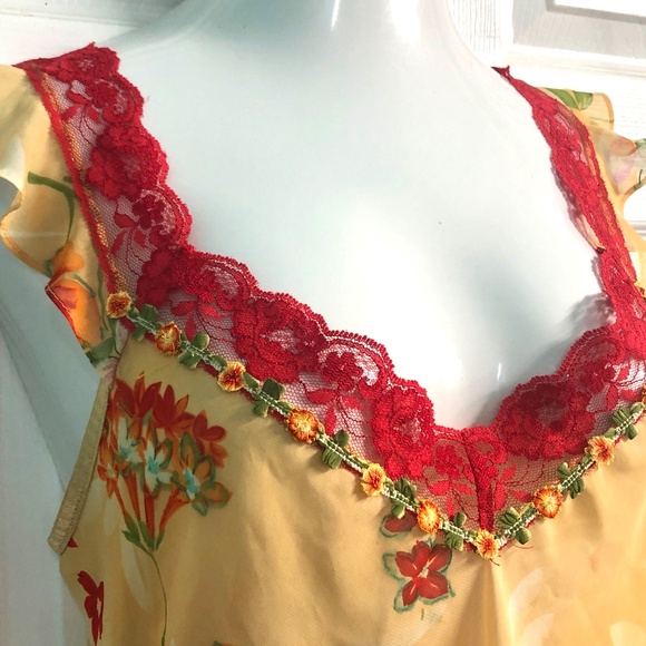 VTG 90s Orange/Red Floral Chiffon Lace Trimmed Culottes Pants/Top Lingerie Set~L - Picture 6 of 10